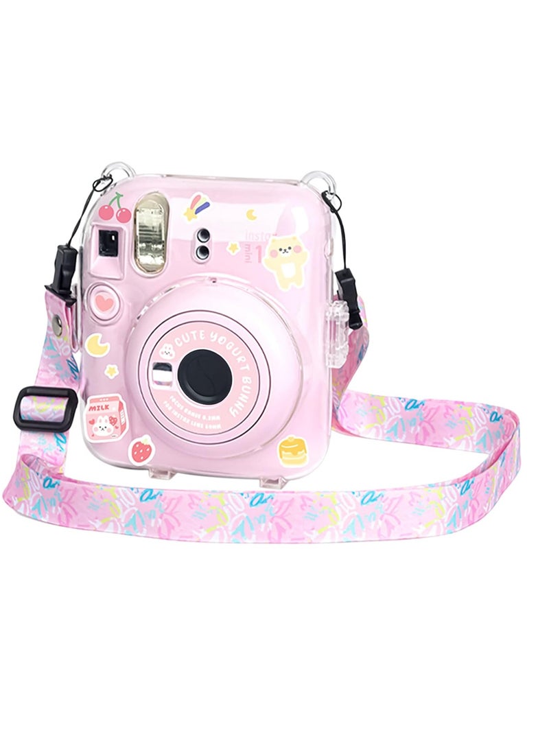 Mmmon - Clear Case Compatible with Fuji Instax Mini 12/Polaroid Mini 12 Camera,Hard PVC Mini 12 Case with Photos Pocket(Store 10 Photos)with Shoulder Strap and Camera Sticker(Pink) - Image 1