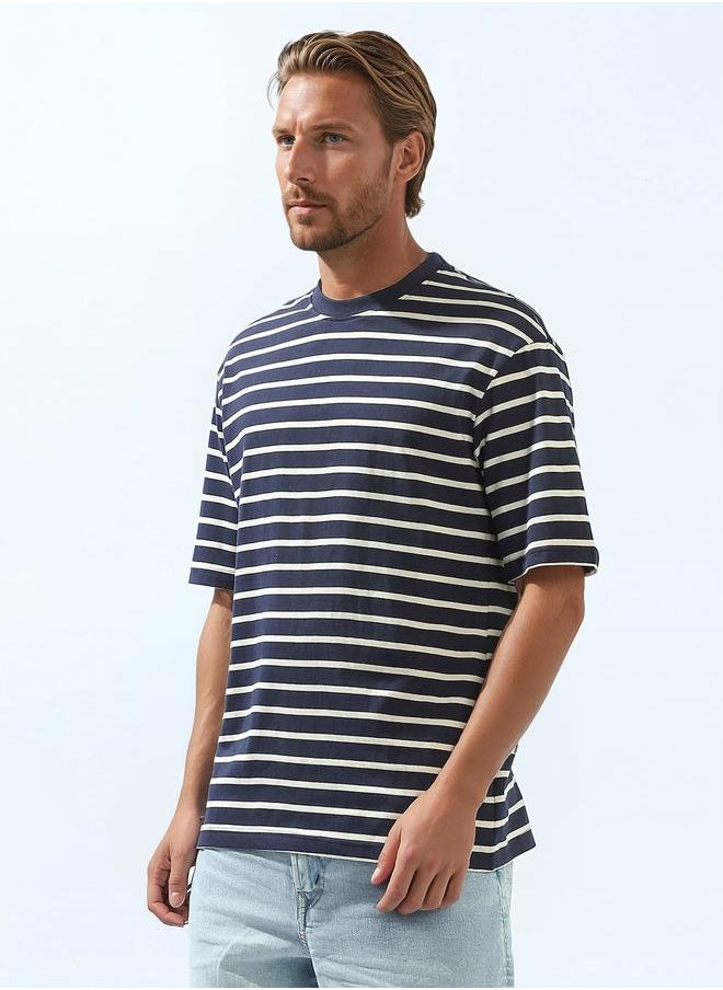 HIGH STAR Men's Multicolour 100% Cotton Striped Relaxed T-Shirt  - Image 3