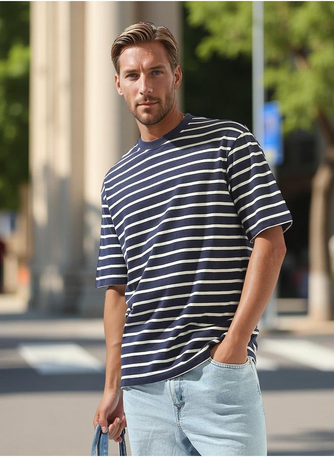 HIGH STAR Men's Multicolour 100% Cotton Striped Relaxed T-Shirt  - Image 1