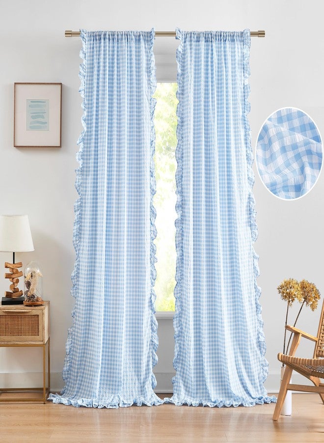 ZJDECOR Baby Blue Buffalo Plaid Ruffle Curtain Panels 84 Inches Long,Rustic Crinkled Not-See-Through Sheer Drapes,Shabby Chic Window Treatment for Bedroom Living Room,Rod Pocket,40" Wx84 L,Pack of 2 - Image 5