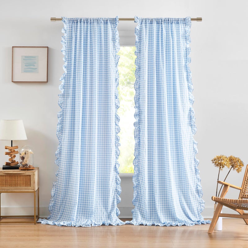 ZJDECOR Baby Blue Buffalo Plaid Ruffle Curtain Panels 84 Inches Long,Rustic Crinkled Not-See-Through Sheer Drapes,Shabby Chic Window Treatment for Bedroom Living Room,Rod Pocket,40" Wx84 L,Pack of 2 - Image 1