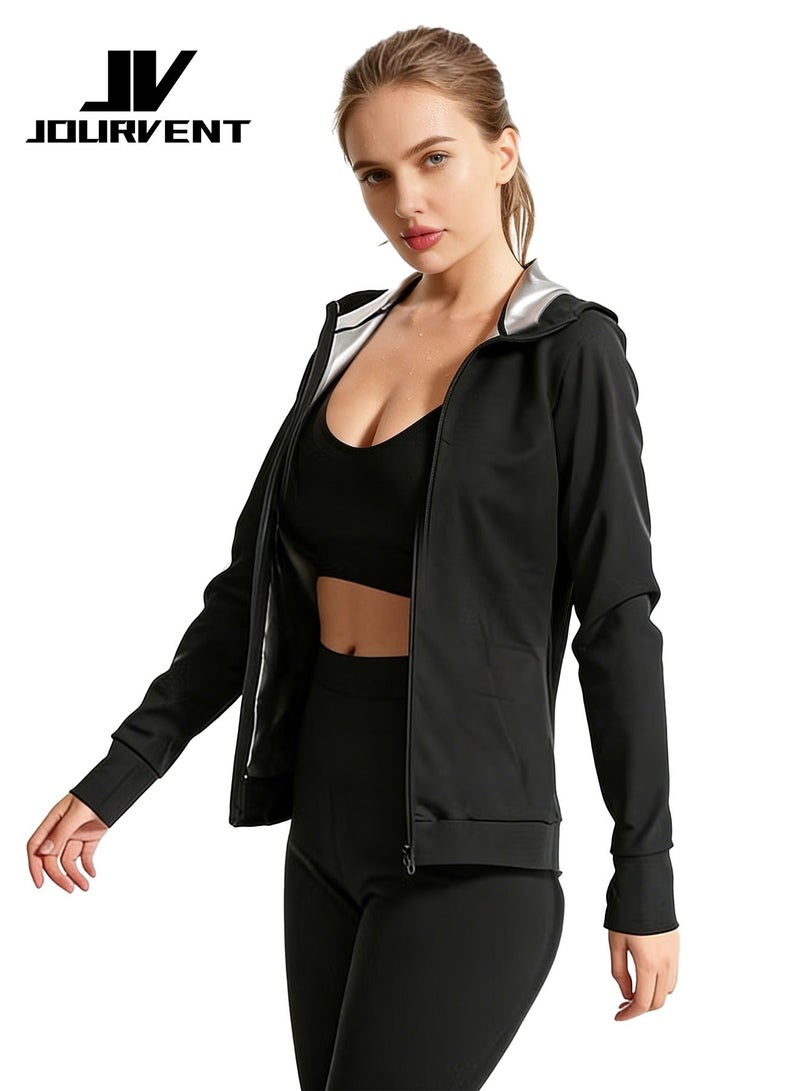 Jourvent Women’s sauna suit hooded zippered set quick-drying compression sweat-wicking sportswear top and pants for fitness gym workout daily wear - Image 2