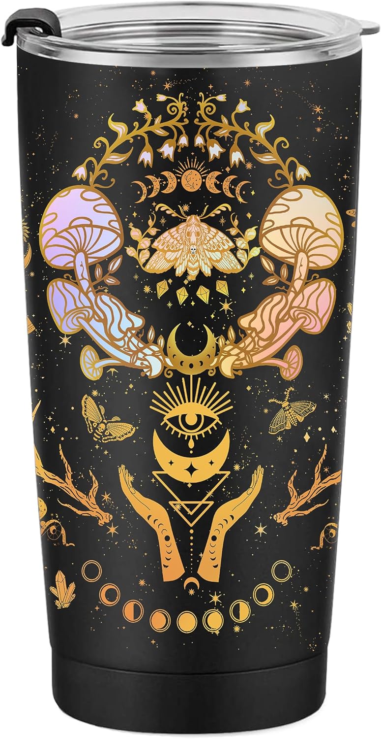 GOOMI كوب غومي على شكل فطر، هدايا فطر للنساء، كوب قمر العثة، كوب الشمس والقمر، هدايا عيد ميلاد ساحرة، كوب معزول مع غطاء يحمل علامات الأبراج، فنجان قهوة 20 أونصة - Image 1