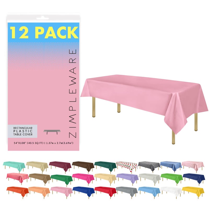 ZIMPLEWARE Premium Pink Plastic Table Cloth Disposable 12 Pk Plastic Tablecloths for Rectangle Tables 54in x 108in Party Table Cloths Disposable for 6ft to 8ft Rectangle Tables