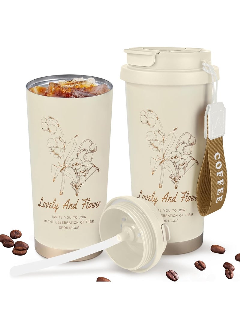 500ML Insulated Travel Coffee Mug with Straw, 18oz Stainless Steel Tumbler, Double-Wall Vacuum Thermos for Hot & Cold Beverages - Image 1