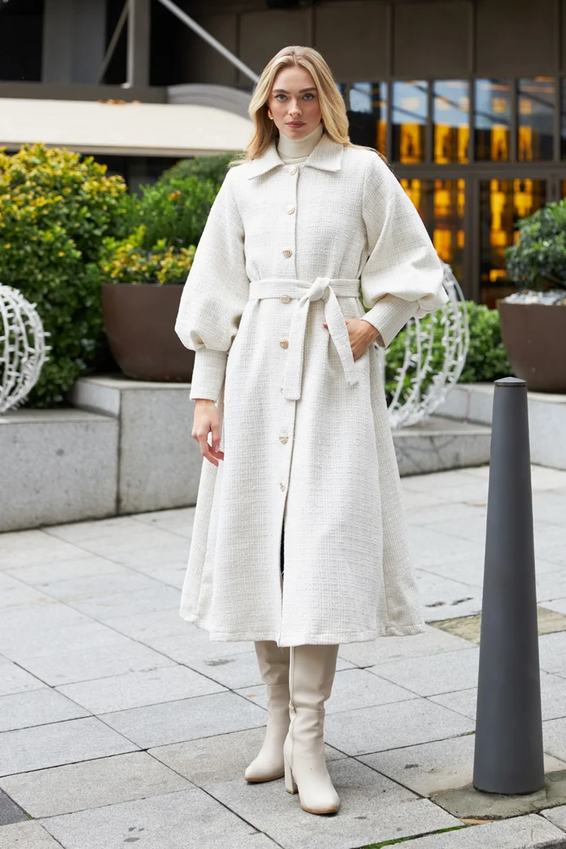 Vavinor Balloon Sleeve Belted Coat - Ecru