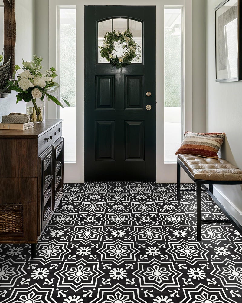 MORCART 20Pcs Peel and Stick Floor Tile, 7.87"x 7.87" Vinyl Flooring, Removable DIY Self Adhesive Flooring for Bathroom Kitchen Fireplace Stairs Bedrooms Wall Pantry Room Waterproof Black - Image 4