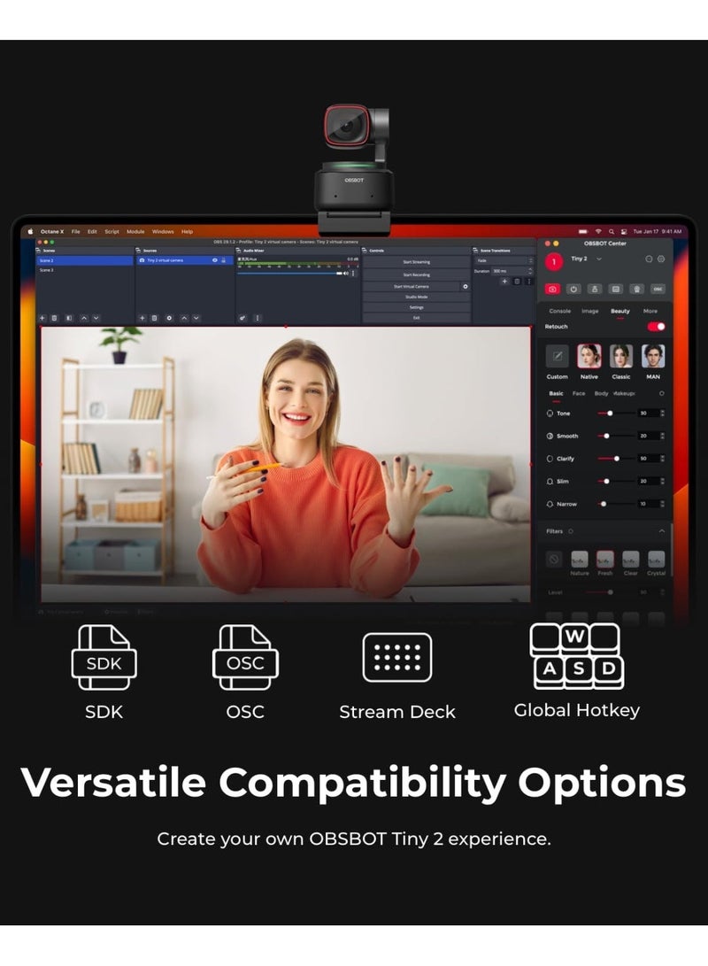 OBSBOT Tiny 2 Webcam 4K Voice Control PTZ, AI Tracking Multi-mode & Auto Focus, 4K Webcam with 1/1.5" Sensor, Gesture Control, 60 FPS, HDR Light Correction, Web Camera for PC, Streaming, Meeting, etc. - Image 2