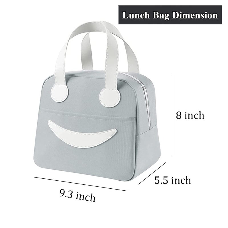 Keetly Insulated Canvas Smiley Lunch Bags with Aluminum Lining Lunch Bag for School Office Travel Tiffin Thermal Food Cooler Bags Picnic for Kids Men Women Leakproof Hot Cold Grey Small - Image 2
