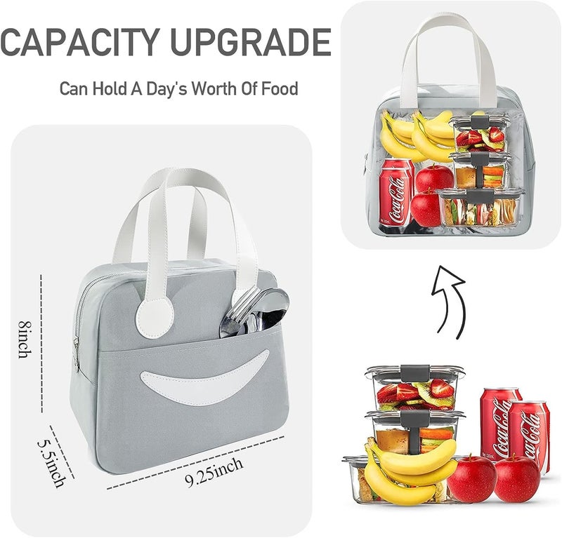Keetly Insulated Canvas Smiley Lunch Bags with Aluminum Lining Lunch Bag for School Office Travel Tiffin Thermal Food Cooler Bags Picnic for Kids Men Women Leakproof Hot Cold Grey Small - Image 5