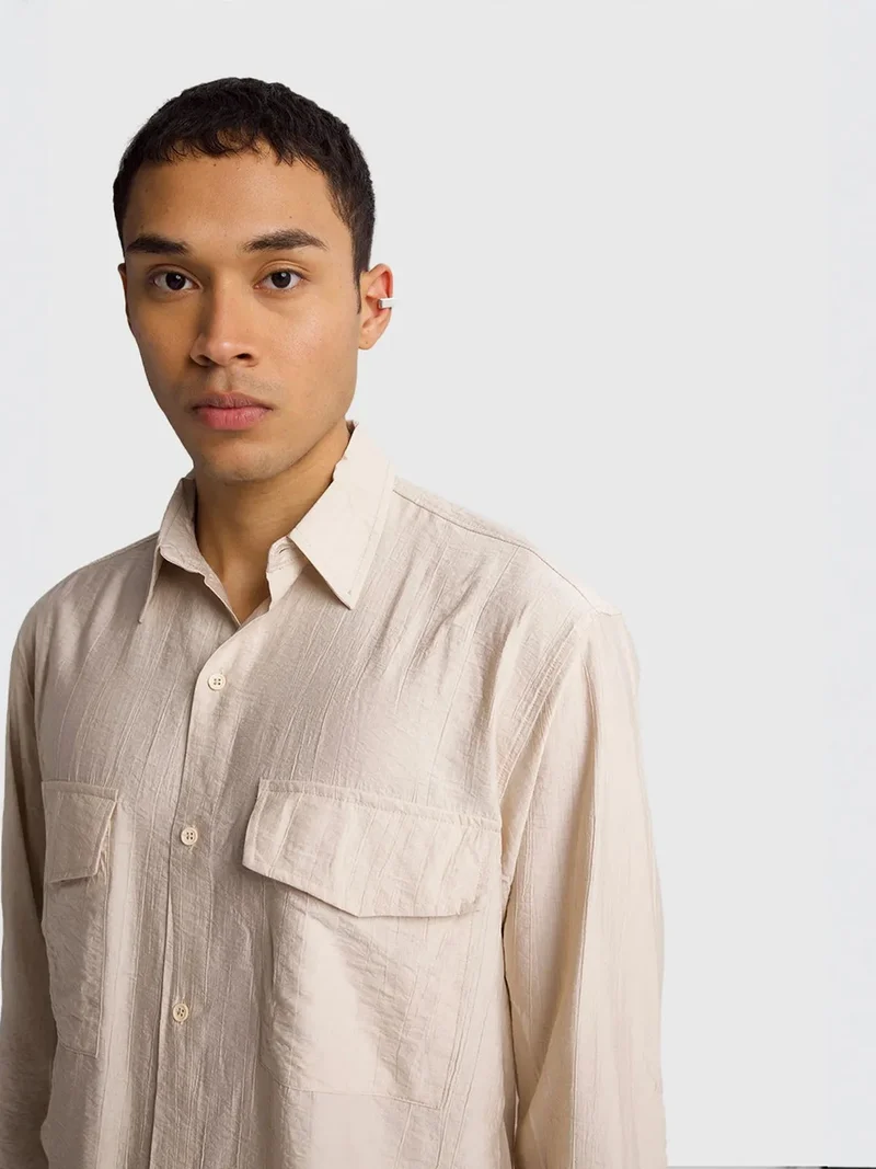 Giesto Beige Natural GIESTO Long Sleeve Button-Up Shirt with Pocket for Men | Best Price UAE