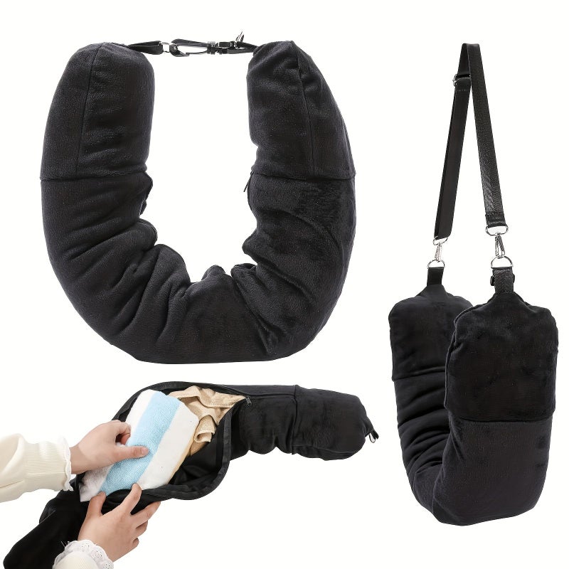 وسادة سفر على شكل حرف U سوداء تُحشى بالملابس، مستلزمات يومية سريعة ومريحة - Image 4