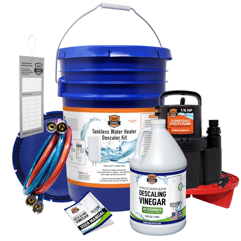 Chromex Tankless Water Heater Flush Kit with Concentrated Vinegar Dilutes to 4 Gallons and 16HP Extra Strength Pump
