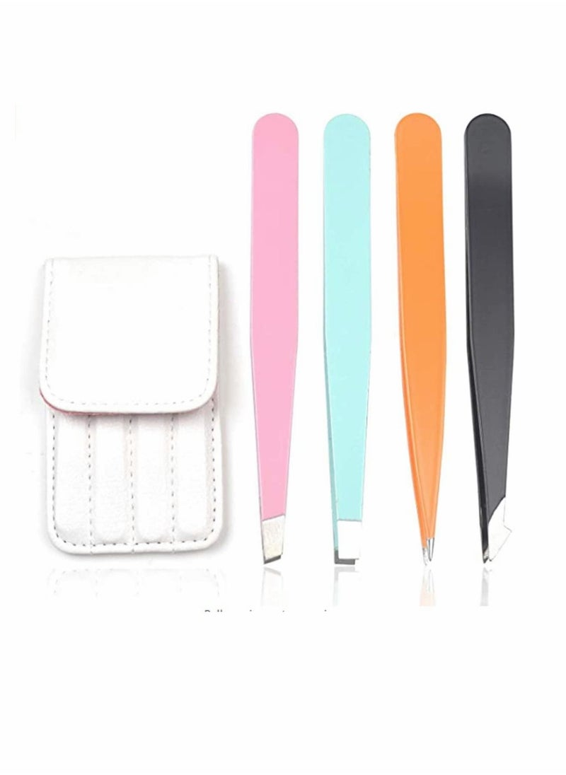 KASTWAVE Eyebrow Tweezers Set Professional Stainless Steel Tweezers Set (4 colors) with Leather Bag Case for eyebrow and Eyelash tweezer for Ingrown Hair, Facial Hair, Blackhead and Tick Remove  - Image 1