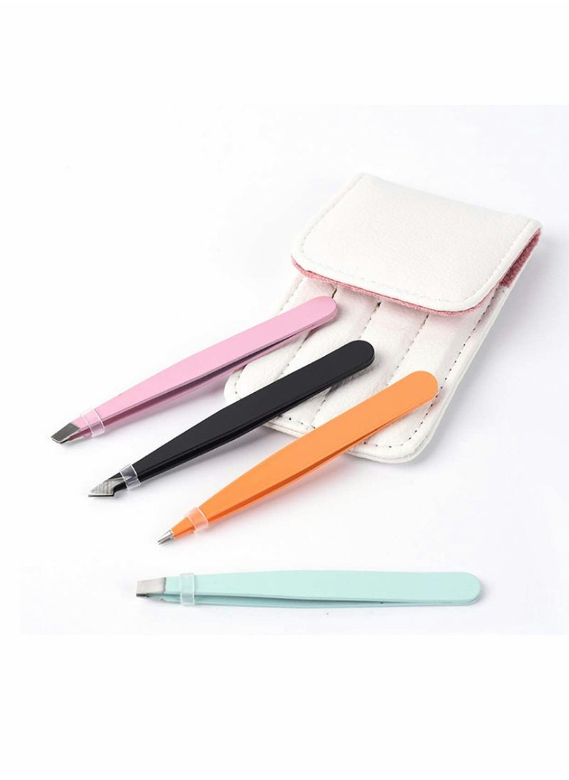 KASTWAVE Eyebrow Tweezers Set Professional Stainless Steel Tweezers Set (4 colors) with Leather Bag Case for eyebrow and Eyelash tweezer for Ingrown Hair, Facial Hair, Blackhead and Tick Remove  - Image 2