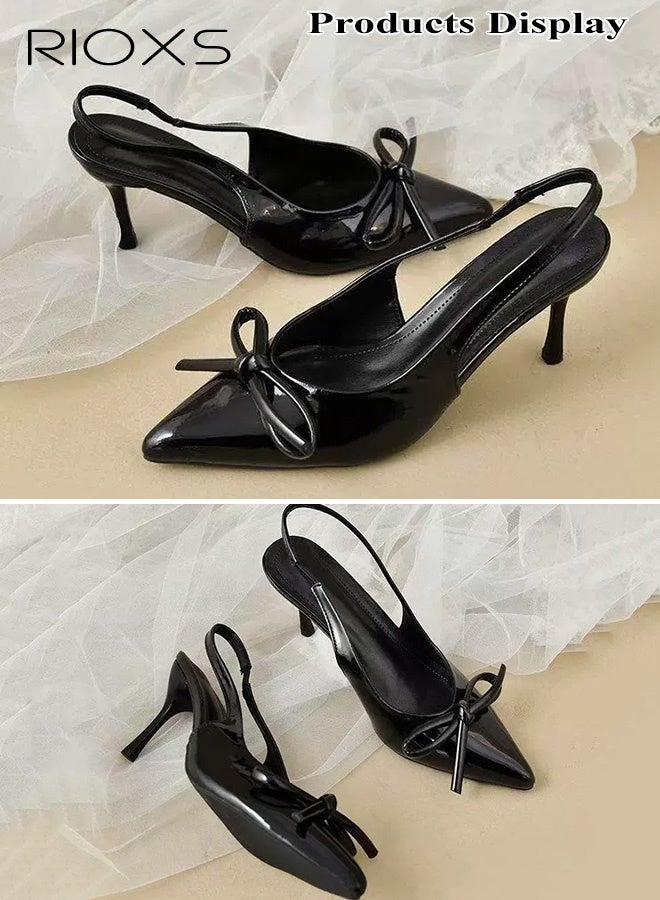 RIOXS Women's Slingback Kitten Heels, Fashion Stiletto Heel Pumps Sandals with Bow Detail, Thin Heel Dress Shoes, Closed Pointed Toe Sandals, Ladies Strap Dressy Sandals, Comfort Heeled Sandals, Black Summer Party Shoes - Image 4
