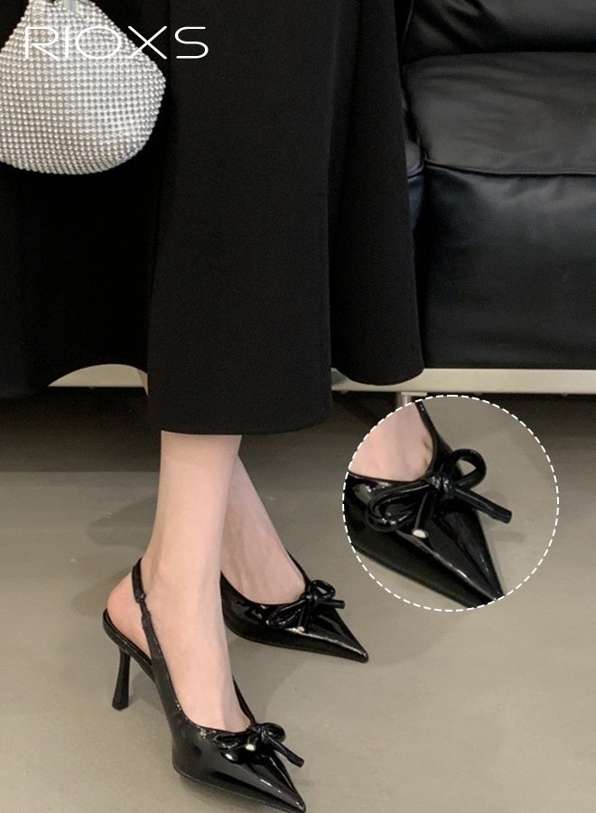 RIOXS Women's Slingback Kitten Heels, Fashion Stiletto Heel Pumps Sandals with Bow Detail, Thin Heel Dress Shoes, Closed Pointed Toe Sandals, Ladies Strap Dressy Sandals, Comfort Heeled Sandals, Black Summer Party Shoes - Image 5