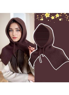 Winter Braided Beanie Scarf Earflap Knitted Cap Brown striped pullover shawl