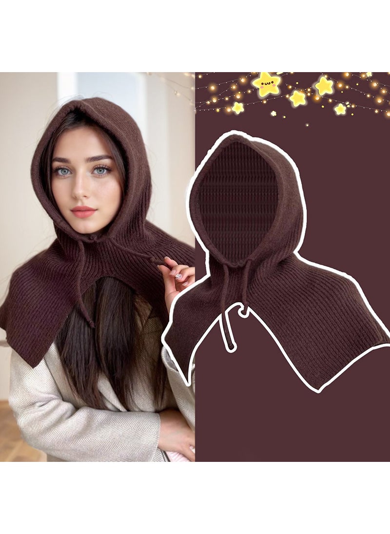 Generic - Winter Braided Beanie Scarf Earflap Knitted Cap Brown striped pullover shawl - Image 1