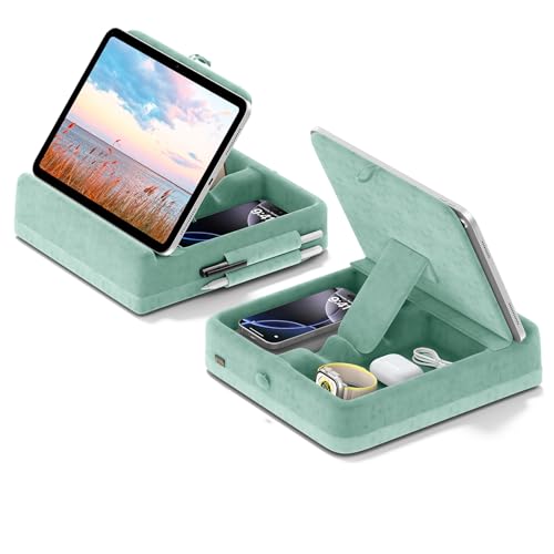 KDD Tablet Pillow Stand with Storage, Foldable iPad Holder for Bed, Lap and Desk, Angle Adjustable Soft Pad Dock with Stylus Mount Compatible with iPad Pro 12.9, 11, Air, Mini, Phones, Books (Green) - Image 1