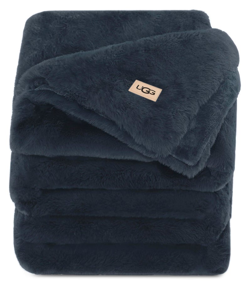UGG Euphoria Plush Faux Fur Throw Blanket Medium Weight Reversible Luxury Soft Throw for Couch Bed or Chair Hypoallergenic Machine Washable Home Decor Blanket 50inch x 70inch Indigo Navy Blue