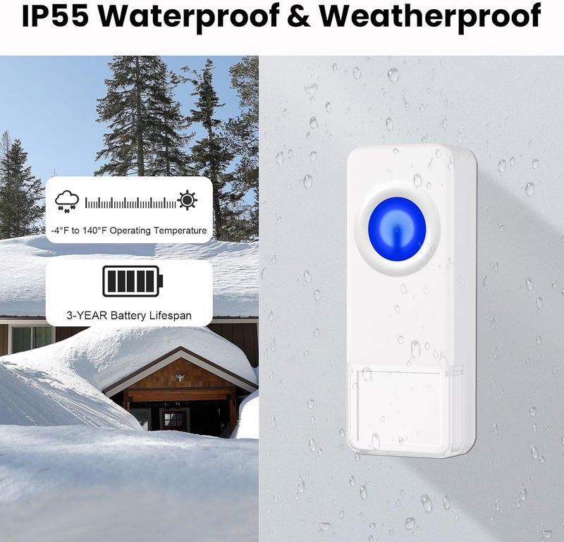 PHYSEN Store Wireless Doorbell, Waterproof Door bell Chime Kit Operating at 1300-ft Range 58 Adjustable Melodies 5 Volume Levels & LED Flash, Doorbell Alarm for Home/Classroom, 2 Push Buttons+4 Receivers - Image 5