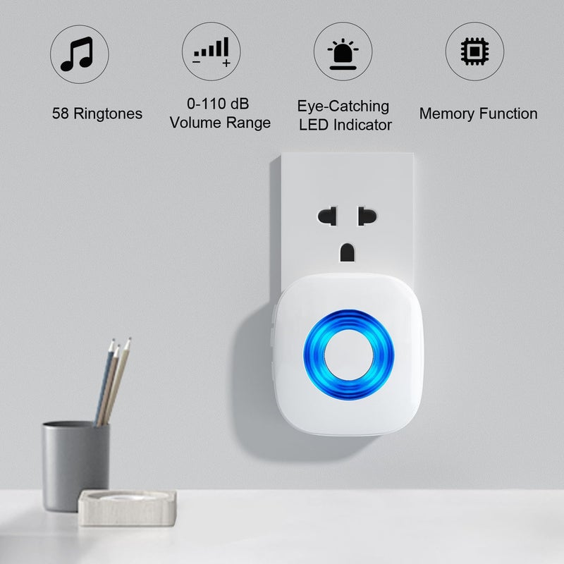 PHYSEN Store Wireless Doorbell, Waterproof Door bell Chime Kit Operating at 1300-ft Range 58 Adjustable Melodies 5 Volume Levels & LED Flash, Doorbell Alarm for Home/Classroom, 2 Push Buttons+4 Receivers - Image 2