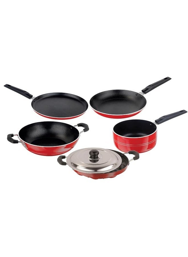 NIRLON Aluminium Non Stick Cookware Flat Tawa/Sauce Pan/Kadhai/ Tapper Pan/Appapatram with Lid - Set of 5 (Red, Black) - Image 1