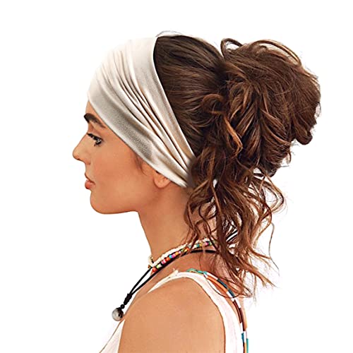 GiLi 2 Pack Wide Headbands for Women Boho African Knotted Non Slip Fashion Hair Bands Yoga Running Sports Workout Gym Head Wraps Elastic Soft Cotton Cloth Turbans Bandana for Girls(Light Grey, Skin) - Image 3