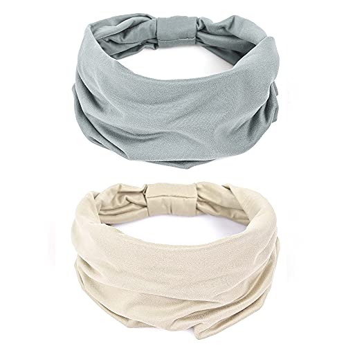 GiLi 2 Pack Wide Headbands for Women Boho African Knotted Non Slip Fashion Hair Bands Yoga Running Sports Workout Gym Head Wraps Elastic Soft Cotton Cloth Turbans Bandana for Girls(Light Grey, Skin) - Image 1