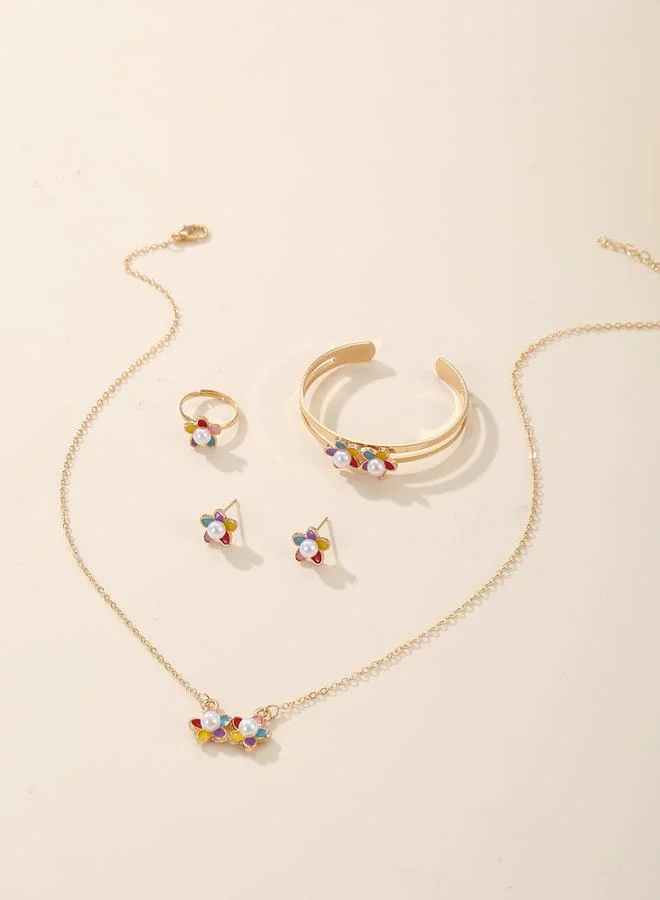 Girls Multi-Color Flower Charm Necklace, Bracelet, Ring and Earrings Set
