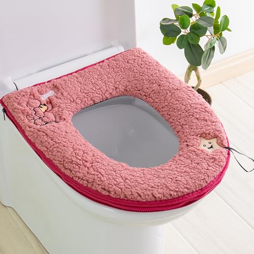 HICYOO Toilet Seat Warmer Cover Toilet Lid Cover Red Fuzzy Toilet Seat Covers for Bathroom with Zipper Handle Plush Thicker Washable - Image 3