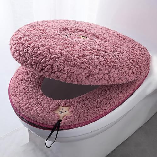 HICYOO Toilet Seat Warmer Cover Toilet Lid Cover Red Fuzzy Toilet Seat Covers for Bathroom with Zipper Handle Plush Thicker Washable - Image 1