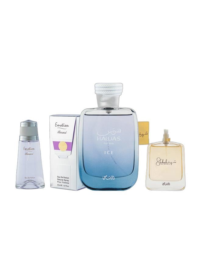 Rasasi Hawas Ice Perfume For Men EDP 100ml, Shuhrah Perfume for Women EDP 90ml, and Emotion EDP Perfume for Women 50ml.  - Image 1