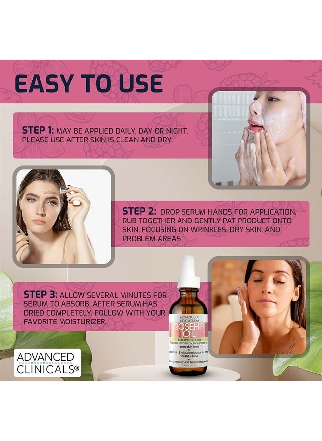 Advanced Clinicals Rosehip Oil Facial Skin Care Serum Moisturizer Face Oil W/Vitamin C & Vitamin E For Reducing Appearance Of Sun Damage Skin, Age Spots, & Wrinkles, 1.8 Fl Oz (Pack of 1)  - Image 5