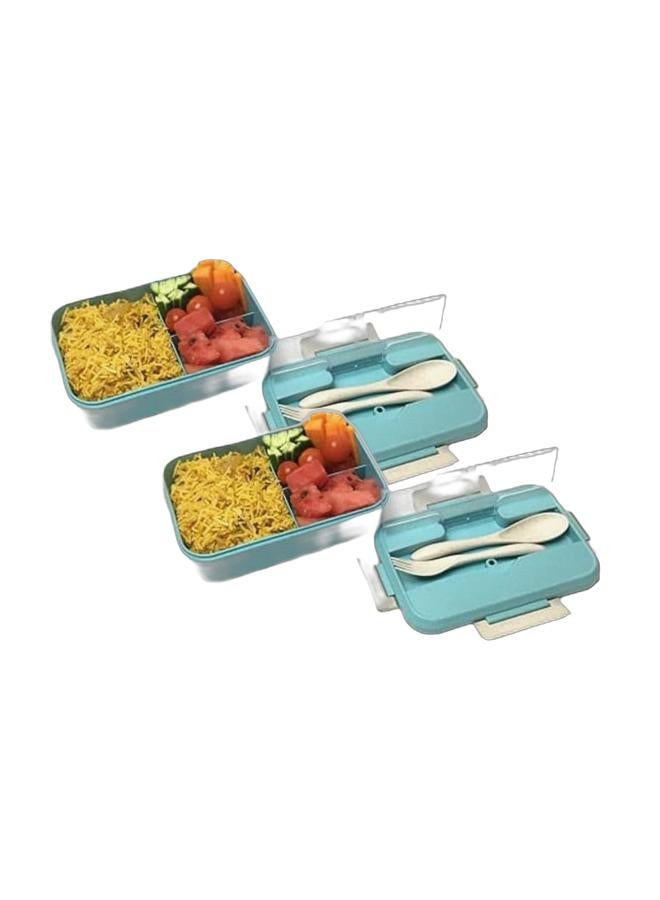 علبة غداء من قش القمح للأطفال والكبار، بثلاثة أقسام مانعة للتسرب، مع ملعقة وشوكة، مصنوعة من مواد آمنة وصديقة للبيئة للطعام – اللون الأزرق (مجموعة) - Image 1