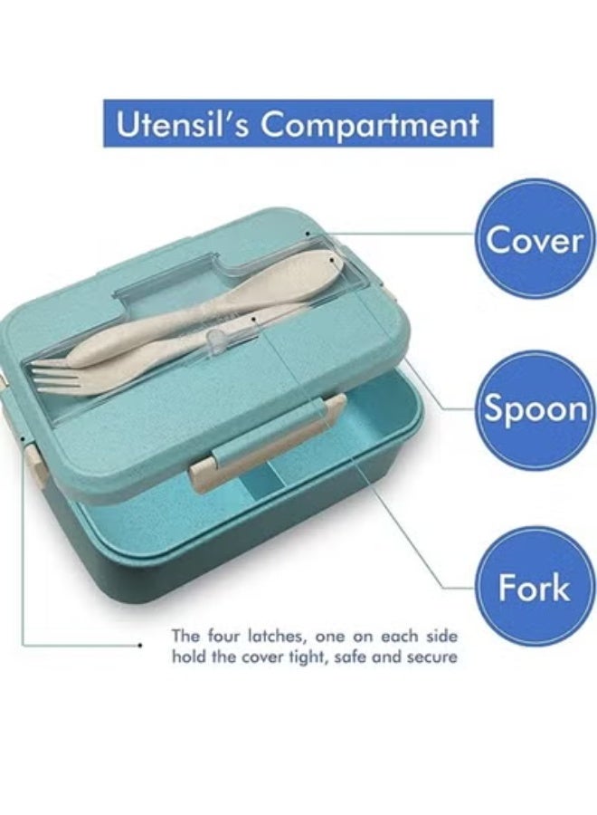 علبة غداء من قش القمح للأطفال والكبار، بثلاثة أقسام مانعة للتسرب، مع ملعقة وشوكة، مصنوعة من مواد آمنة وصديقة للبيئة للطعام – اللون الأزرق (مجموعة) - Image 3