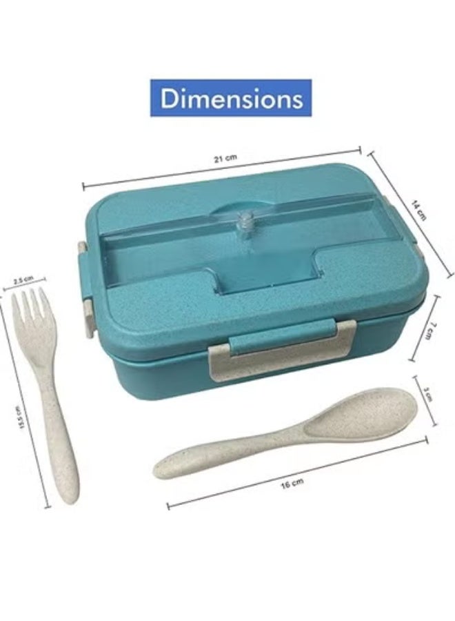 علبة غداء من قش القمح للأطفال والكبار، بثلاثة أقسام مانعة للتسرب، مع ملعقة وشوكة، مصنوعة من مواد آمنة وصديقة للبيئة للطعام – اللون الأزرق (مجموعة) - Image 4