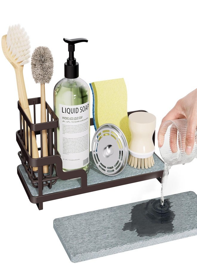 Consumest Sponge Holder for Kitchen Sink - Sink Caddy Organizer with Water Absorbing Stone Tray, Detachable Brush Holder, Stainless Steel Kitchen Counter Organizer Rack, Bronze - Image 1
