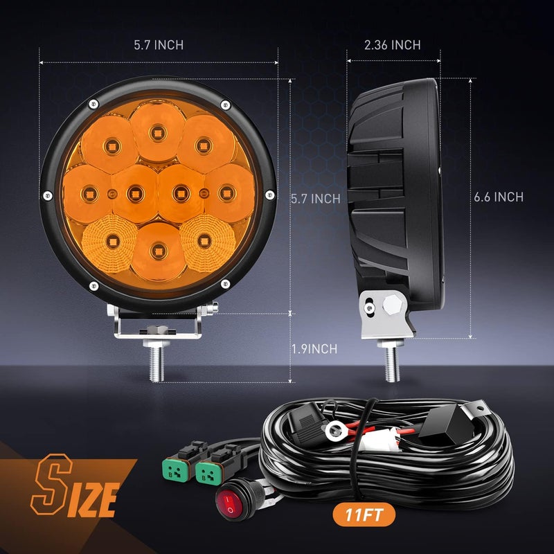 Nilight 5.7 Inch Amber LED Driving Light Round 50W Yellow Fog Spot Flood Combo Lights w/ 16AWG DT Connector Wiring Harness IP68 for Offroad ATV UTV Truck Tractor - Image 2