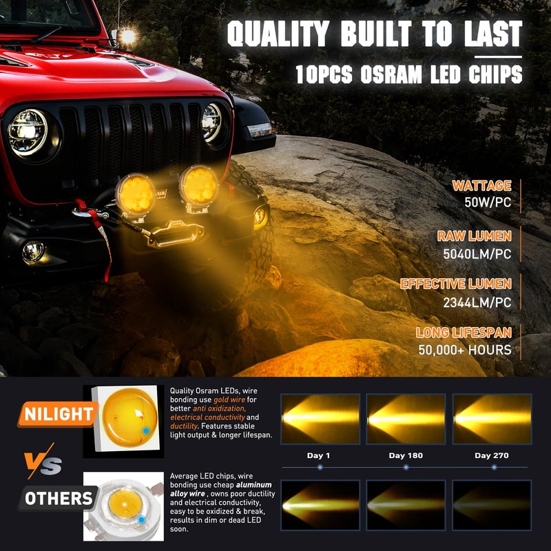 Nilight 5.7 Inch Amber LED Driving Light Round 50W Yellow Fog Spot Flood Combo Lights w/ 16AWG DT Connector Wiring Harness IP68 for Offroad ATV UTV Truck Tractor - Image 3