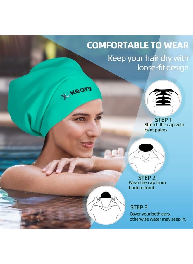 Keary Extra Large Swim Cap for Braids and Dreadlocks Afro Hair Long Hair, Waterproof Silicone Cover Ear Bath Pool Shower Swimming Cap for Women Men Youth Adult Kids Girls to Keep Hair Dry, Green - Image 3