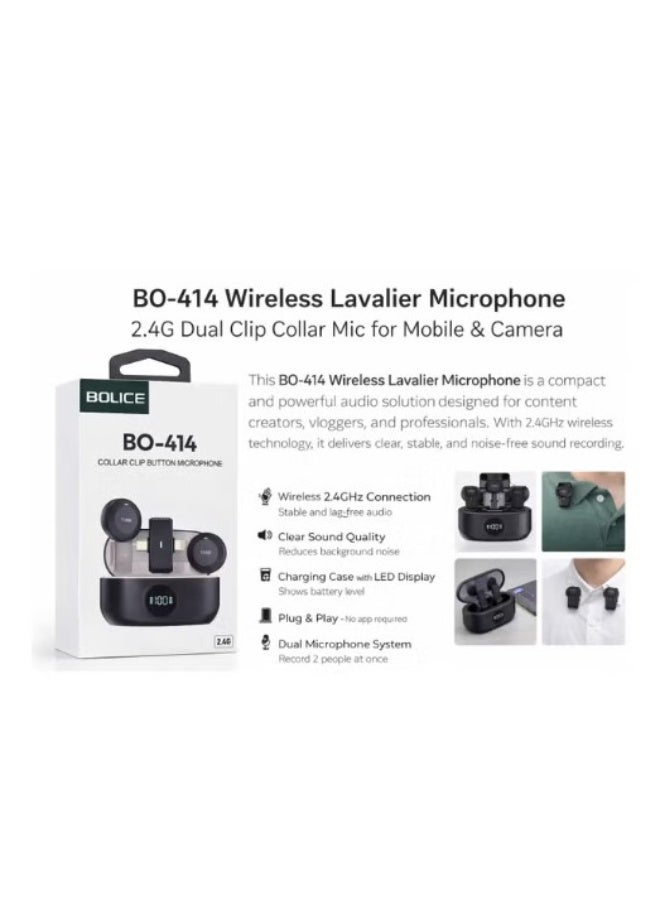 Bolice BO-414 Wireless Collar Clip Button Microphone – 2.4G Dual Transmitter with Charging Case & Lightning Receiver for iPhone/iPad - Image 3