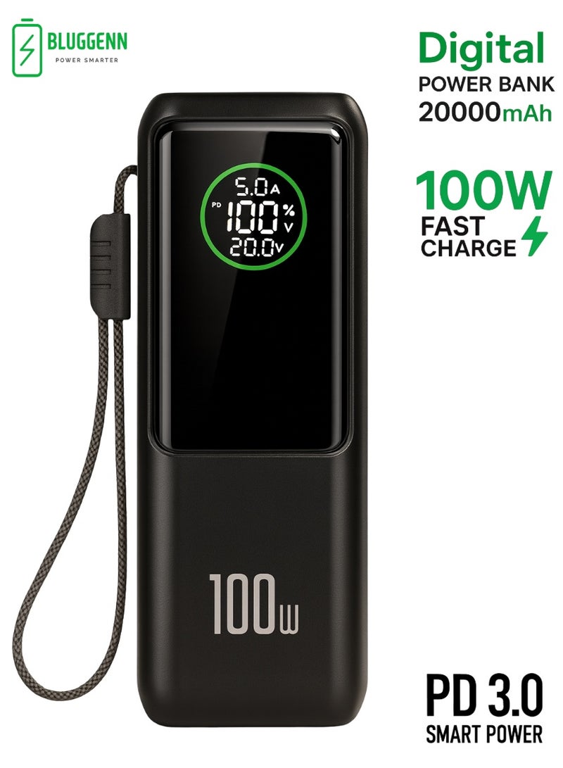 بلجن شاحن متنقل باوربانك BLUGGENN بسعة 20,000mAh وشحن سريع 100W – منفذين USB-C، كابل مدمج وقابل للسحب، شحن 3 أجهزة في وقت واحد، ضمان 12 شهر - Image 1