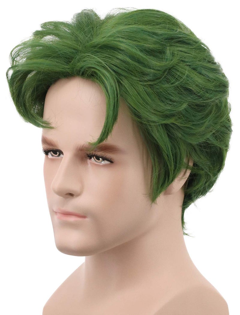 yuehong Men Short Green Curly WIg Anime Cospaly Costume Hair Heat Resistant Synthetic Fibers Soft Durable Breathable Wig