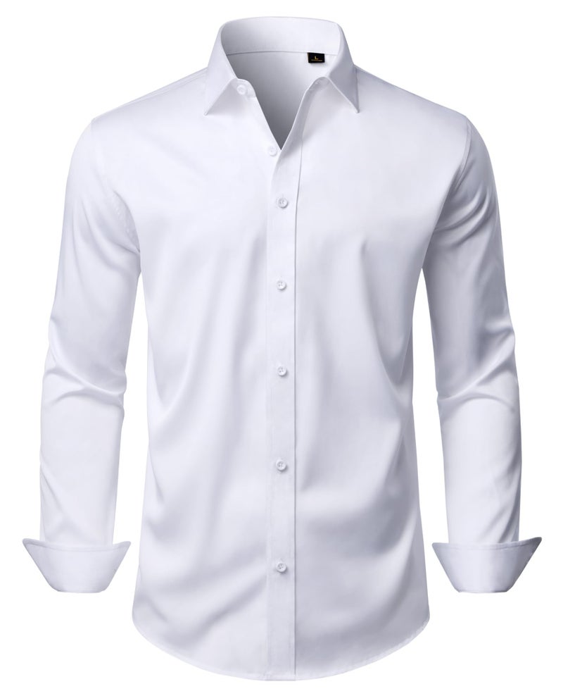 DEMEANOR White Dress Shirts for Men Long Sleeve Wrinkle Free Stretch Business Formal Wedding Button Down Shirt XL - Image 1