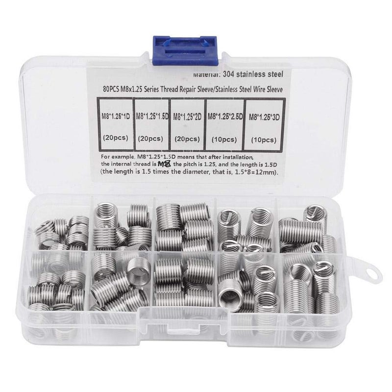Hilitand 80Pcs M8x1.25 Threaded Inserts Stainless Steel Spiral Helical Thread Insertion Kit - Image 1