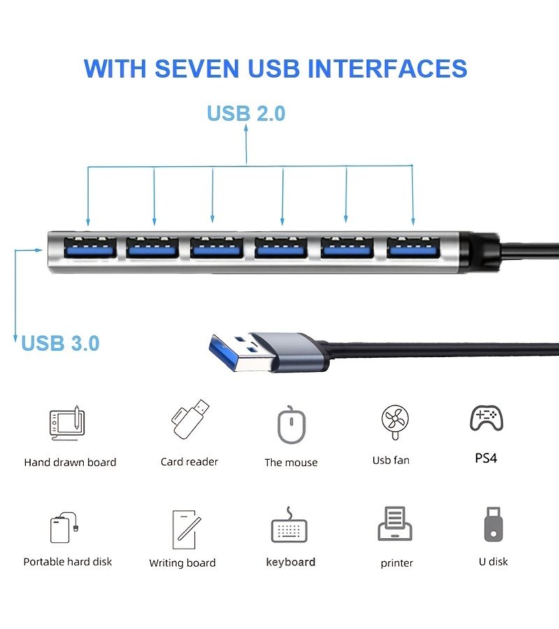 محور ألومنيوم موسع USB 7 في 1 متوافق مع أجهزة الكمبيوتر المحمولة وأجهزة الكمبيوتر الشخصية وأجهزة MacBooks و Surface Pro ومحركات الأقراص الصلبة الخارجية والطابعات والكاميرات والمزيد - Image 5
