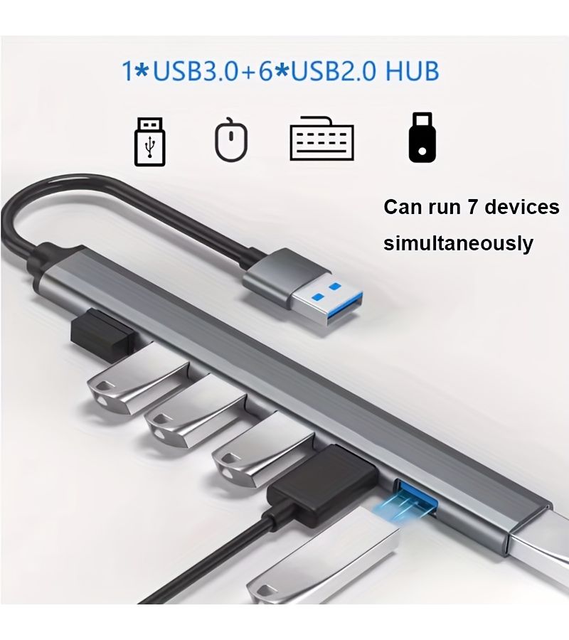 محور ألومنيوم موسع USB 7 في 1 متوافق مع أجهزة الكمبيوتر المحمولة وأجهزة الكمبيوتر الشخصية وأجهزة MacBooks و Surface Pro ومحركات الأقراص الصلبة الخارجية والطابعات والكاميرات والمزيد - Image 3