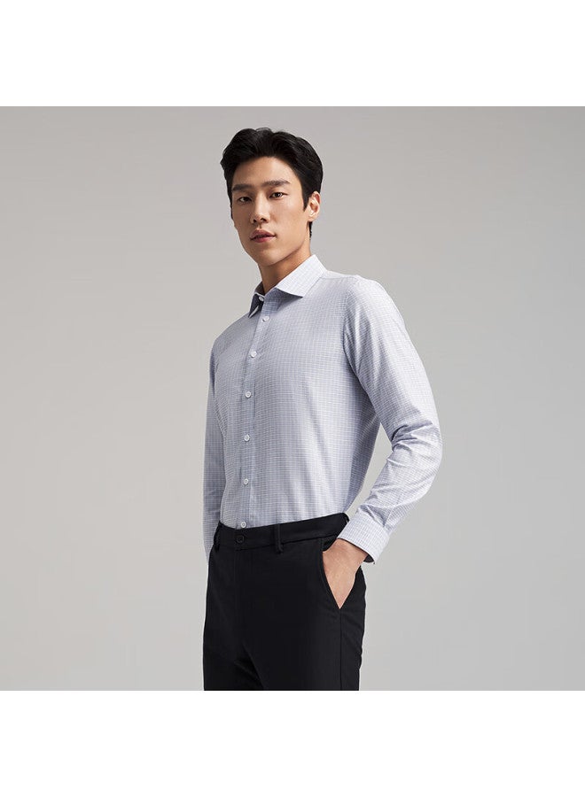 YOUNGOR Yagelor Men's Wrinkle-free Mulberry Silk Spring And Autumn Business Casual Commuting Plaid Long Sleeve Shirt Light Blue Size 45 - Image 2